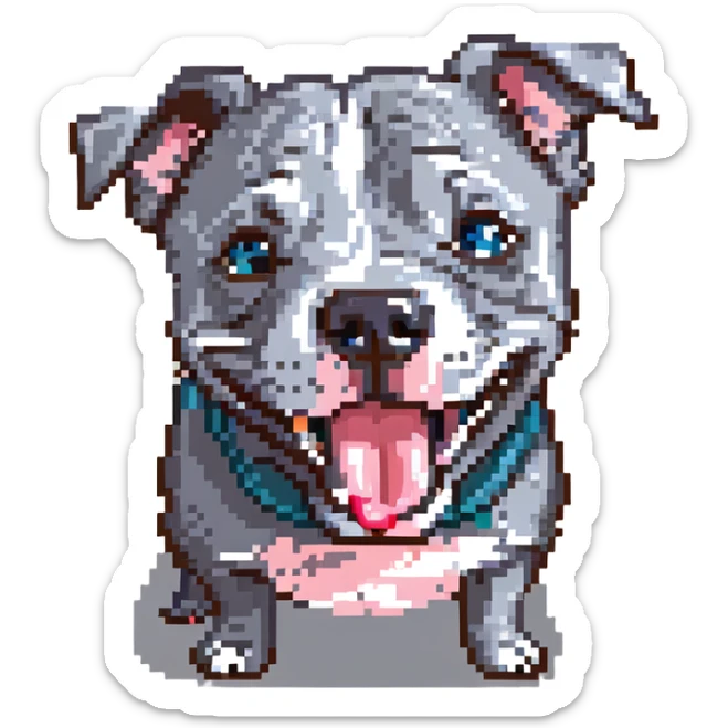 round circle puppy head full grey bleu staffy, big open mouth, big tongue out, stupid expression sticker