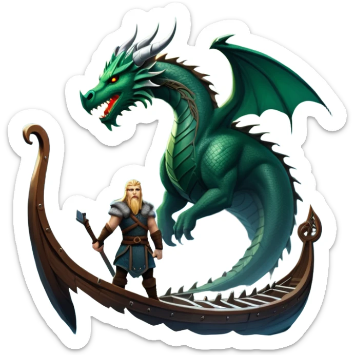 An icon representing an adventure game, inspired by Norse mythology. The design features a fierce Viking warrior standing at the prow of a dragon-headed longship, sailing through icy waters. Snow-capped mountains loom in the distance as the northern lights dance overhead, evoking a sense of conquest, mystery, and legend. Transparent background. sticker