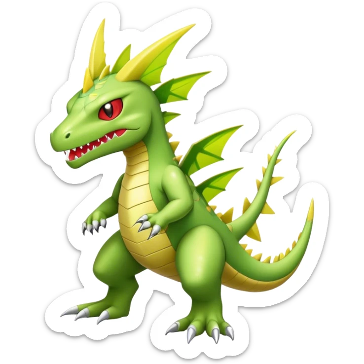 Cool cute shiny futuristic Flygon-Tyranitar-Digimon-hybrid-fusion, yellow belly, full body sticker
