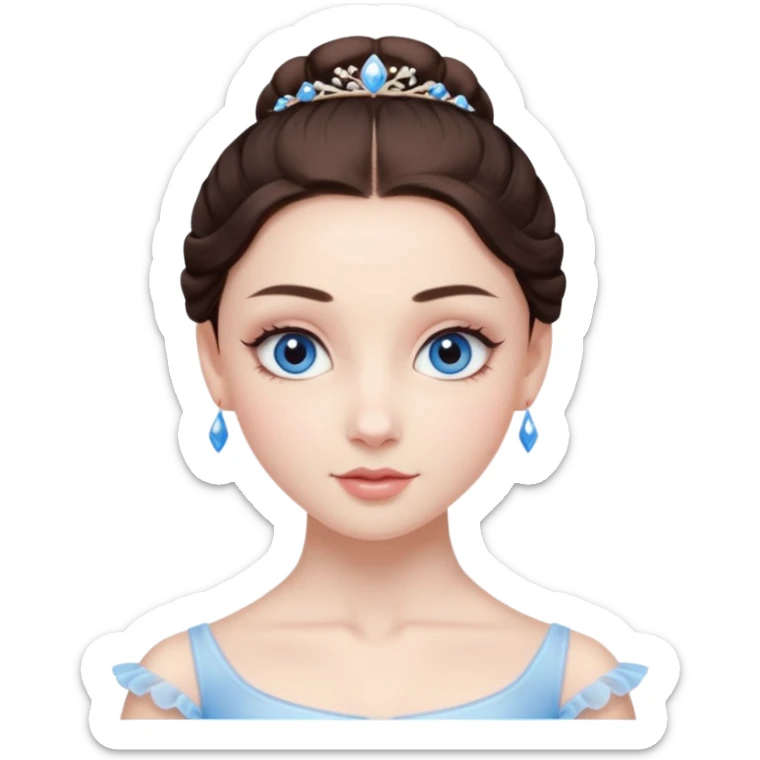 Realistic Ballerina Portrait, with porcelain-like skin featuring a natural rosy flush, illuminated by soft lighting that highlights the gentle contours of her face. Her Brunette hair flows in soft, Her deep blue eyes radiate warmth and innocence, framed by arched brows and long lashes. sticker