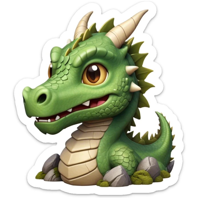 Cinematic Cute Giant Rock Dragon Portrait Emoji, Head tilted playfully and inquisitively, showcasing a robust, stone-carved body with intricately detailed, craggy textures in natural earthen tones accented by soft hints of moss, and a surprisingly gentle, endearing expression; rendered with lifelike clarity and warm, natural light, high shine, mighty yet endearing, styled with a touch of ancient, stony whimsy, soft glowing outline, capturing the essence of a mischievous stone guardian poised to rumble playfully into your embrace! sticker
