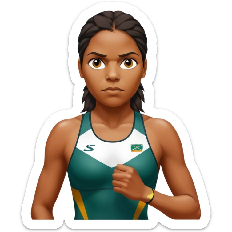 Cinematic Realistic portrait of Cathy Freeman, shown as an iconic Australian athlete with a focused, determined expression and modern athletic attire accented with subtle native motifs, rendered in dynamic, vibrant lighting sticker