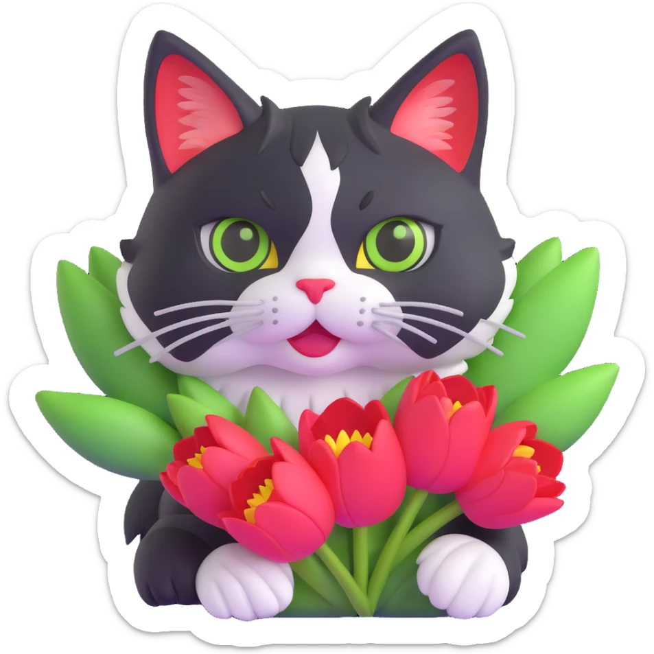 tricolor fluffy cat with big green eyes holding red tulips in her arms sticker