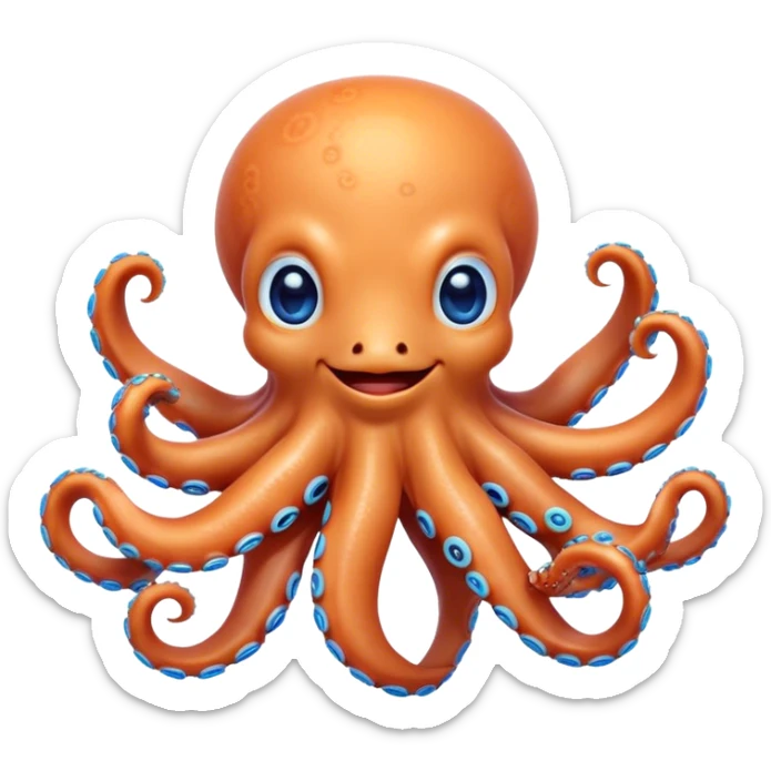 Cinematic Cute smiling Octopus Portrait Emoji, Head tilted playfully and inquisitively, featuring a rounded, light orange body embellished with playful blue rings, eight adorably curling arms, and big, twinkling eyes full of wonder, Simplified yet irresistibly adorable features, highly detailed, glowing with a warm, inviting underwater glow, high shine, affectionate and lively, stylized with a touch of whimsical cartoon charm, soft glowing outline, capturing the essence of a mischievous yet loving octopus that seems as if it could bob out of the screen into your arms! sticker