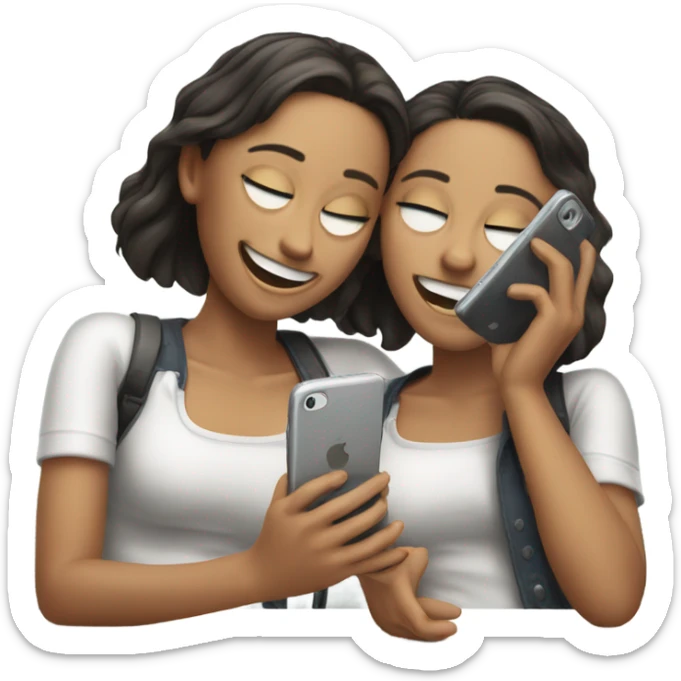 two girls laying in bad laughing at their cell phones sticker