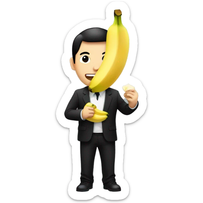 An Asian man in a black suit and black shirt with a banana in his hand is eating it sticker