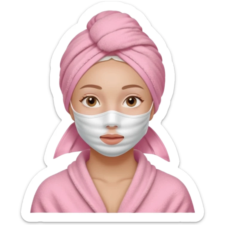 Clean girl influencer character, chest-up portrait, wearing a pink towel wrapped around the head, full face facial skincare mask on face, relaxed confident expression, soft glow skin, minimal chic aesthetic, subtle beauty accessories, calm self-care vibe sticker