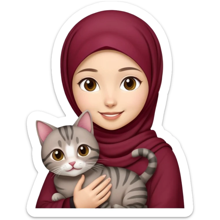 Asian white girl wearing maroon hijab holding a black grey tabby cat with smiling sticker