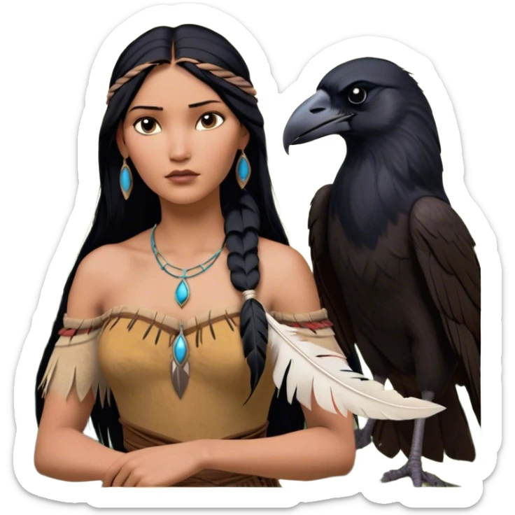 Cinematic Realistic Pocahontas Portrait, depicted with lifelike skin texture, soft natural lighting, and intricately detailed long, flowing raven-black hair that moves gracefully in the wind. Her deep, soulful dark brown eyes exude wisdom and strength, complemented by a serene yet powerful expression. She is shown gently holding a feather in one hand, her other hand resting lightly at her side, embodying the harmonious balance between nature and herself. She is dressed in her classic one-shoulder native American dress, with rich fabric textures and delicate beaded details that catch the light beautifully. The portrait features a soft, sun-kissed glow with a natural, radiant finish, capturing the essence of untamed beauty and deep connection to nature in a realistic and painterly style, evoking a sense of depth and authenticity. sticker