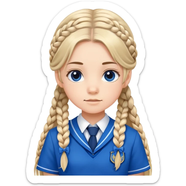 A cute girl with braids, long hair and blue ribbons with a blue school uniform  sticker