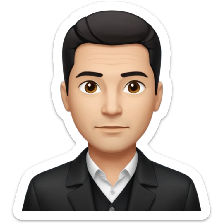 Attractive Hispanic TV host in his mid to late 40s with light brown skin, short straight black hair slicked back with fade on sides, square handsome face with strong jawline, friendly approachable expression, wearing open black jacket revealing white buttoned shirt underneath sticker