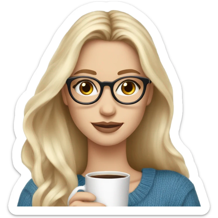 Blonde balayage long hair white women beige sweater blue eyes and small glasses holding coffee sticker