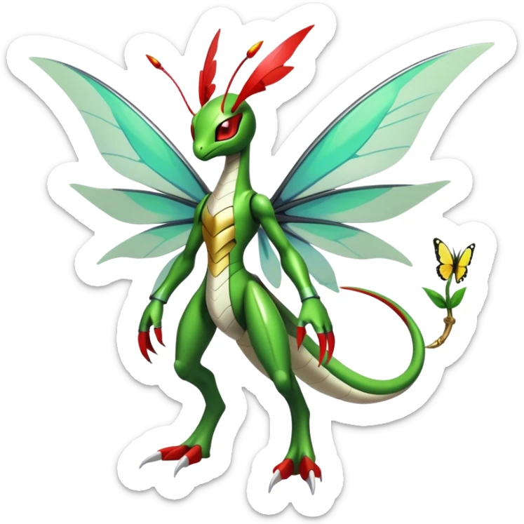  Cool Edgy Shiny Futuristic Ethereal Legendary Kartana-Digimon-Schyther-Flygon-hybrid full body with butterfly wings sticker