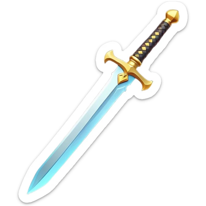 Clash of Clans aesthetic: Cinematic Playful Pixel 3D isometric  Sword Emoji, rendered in a 3D vector-style similar to standard emojis with minimal shading and bold, simplified shapes. A compact, distinct form with signature details, softly glowing with a pixelated adventure charm. Simplified yet unmistakably iconic, highly detailed and consistent, glowing with a soft radiance and high shine. Stylized with a touch of classic pixel-art charm and a soft glowing outline, capturing the essence of a beloved gaming relic with a friendly, playful manner! sticker