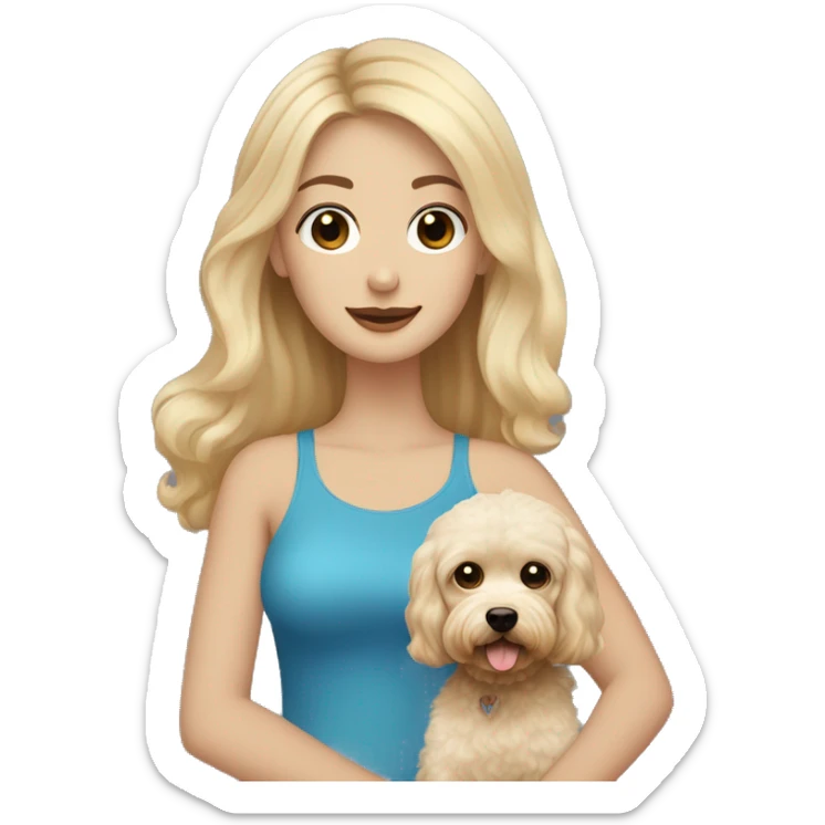 Blonde girl with long hair with blue eyes with the man who has short dark hair and a beard holding a beige maltipoo sticker