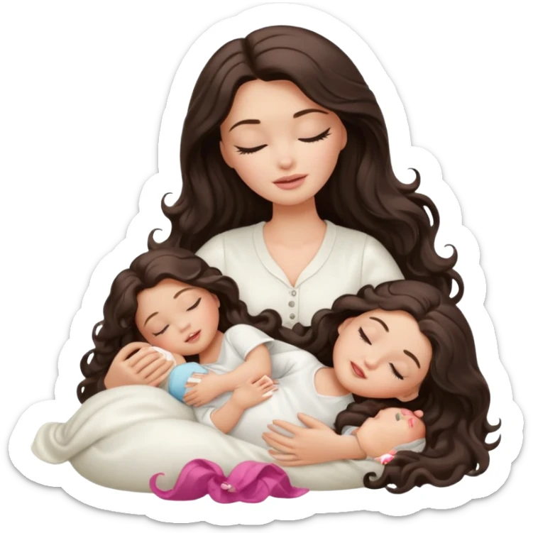 White Barbie girl dark brown long wavy hair in white clothes sleeping with white baby at cream bed sticker