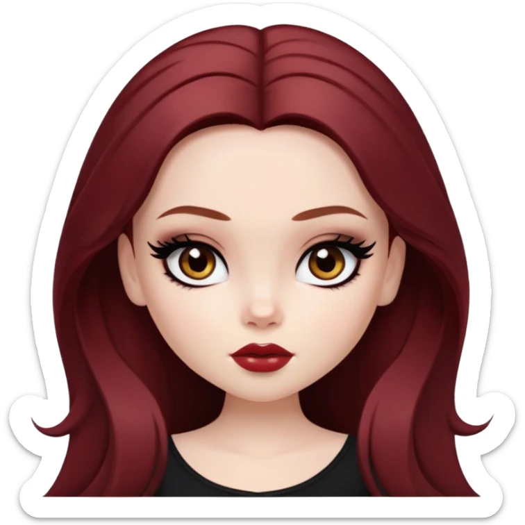 pretty bratz girl, pale skin, dark red hair,  long hair, brown eyes, black eyeliner, tan skin sticker
