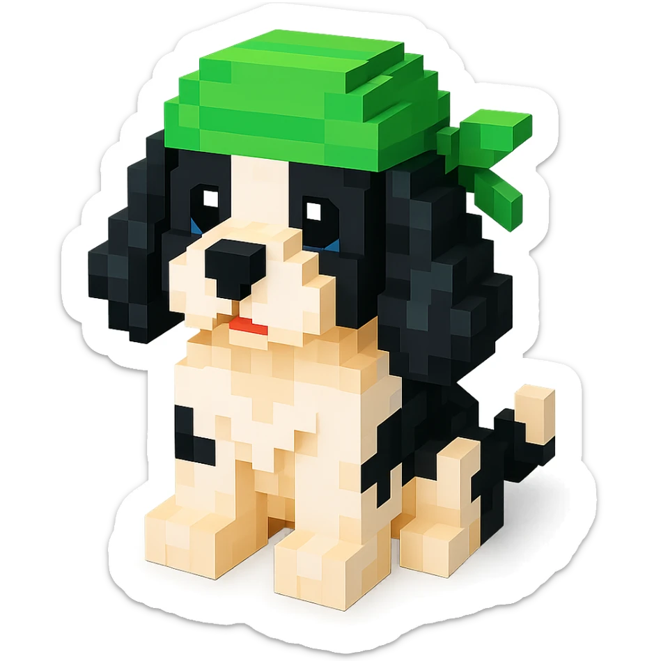 A black and white Russian Cocker Spaniel puppy wearing a green durag, voxel style, sitting sticker