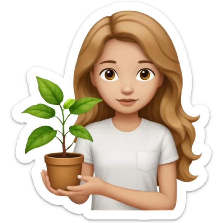 Girl with long light brown wavy hair and white t-shirt with plant on hand sticker