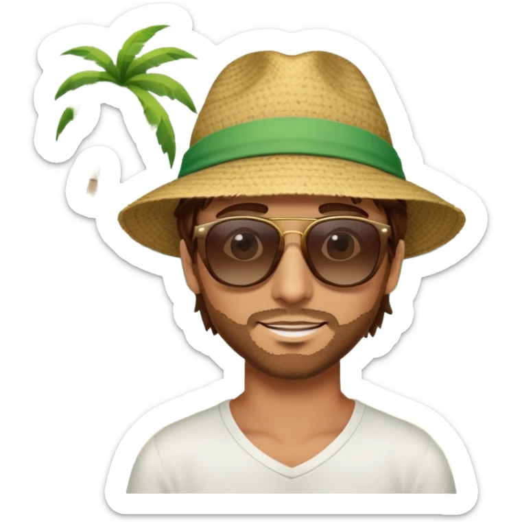 a guy with brown hair green/brown eyes at the beach with music and palm sticker