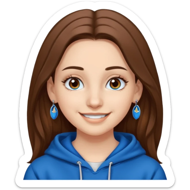 teen girl, white skin, long brown hair middle parted, brown eyes, blue hoodie eyelashes and earrings sticker