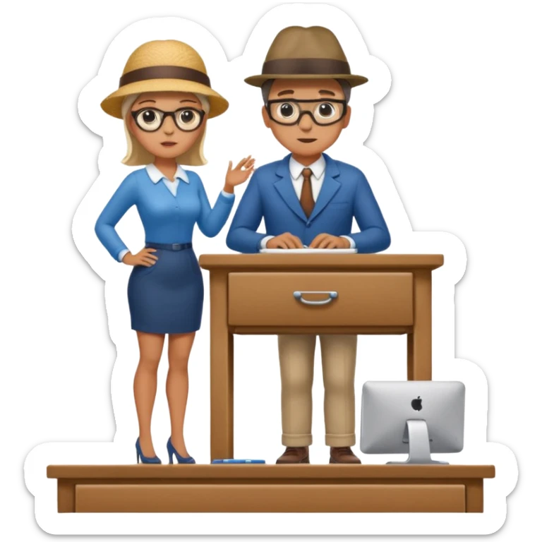 A micro sized man standing on top of a giant woman's desk looking up at her as she works sticker