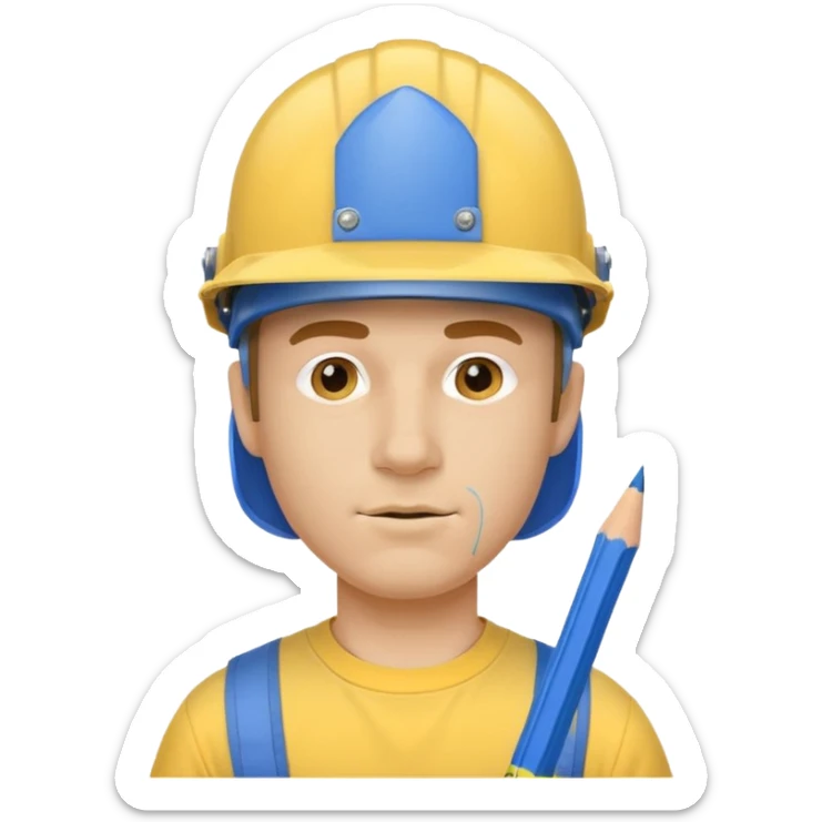 simplified emoji of a man with a blue helmet, a pencil in his nose, and a yellow shirt, no background sticker