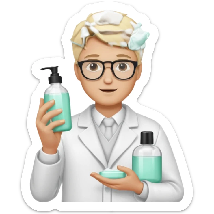 blonde man with white coat and glasses holding skincare products sticker