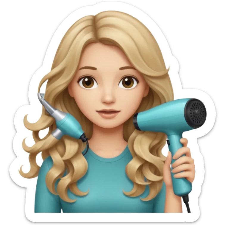 pretty girl with long wavy dirty blonde hair holding a hair blow dryer  sticker