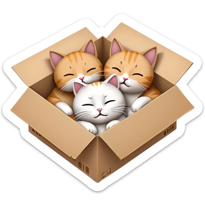 cute, cartoon emoji style for me with a transparent background of a cardboard box with two cats in it: one alive, and one asleep to symbolise schrodinger's cat sticker