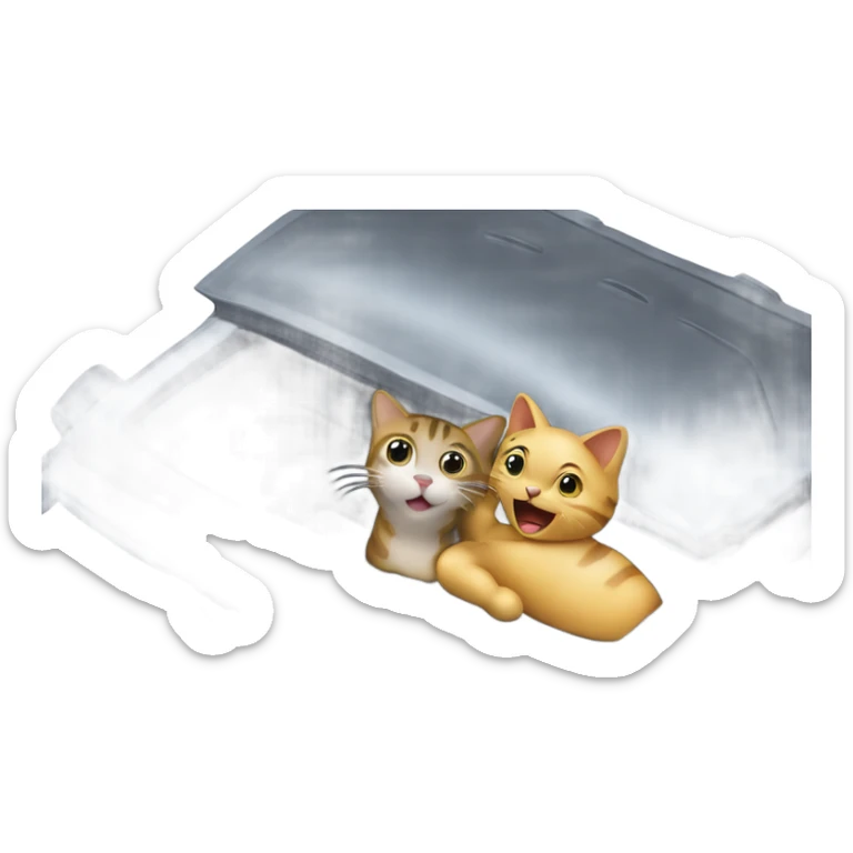 A cartoon emoji-style car with a curious cat peeking out from the open hood of the engine compartment. sticker