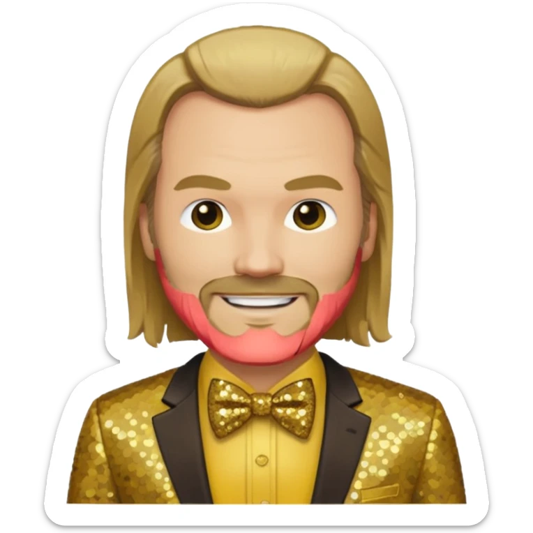 Tyler Mane with long dark blonde hair, yellow shirt, brown sequin suit with bow tie sticker