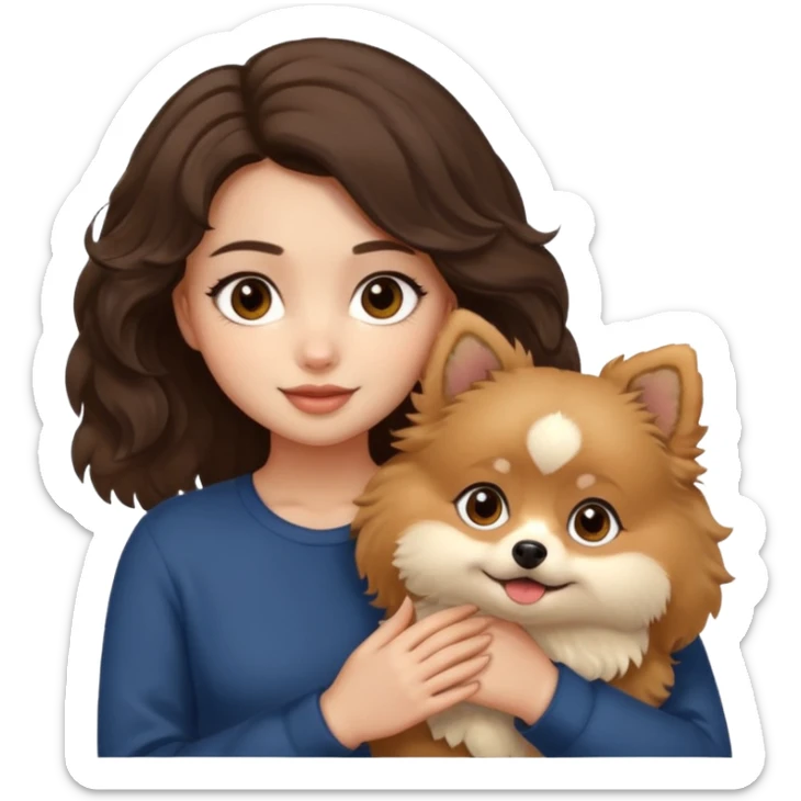 light-skinned-girl-wavy-dark-brown-hair-brown-eyes-petting-light-beige-pomeranian sticker