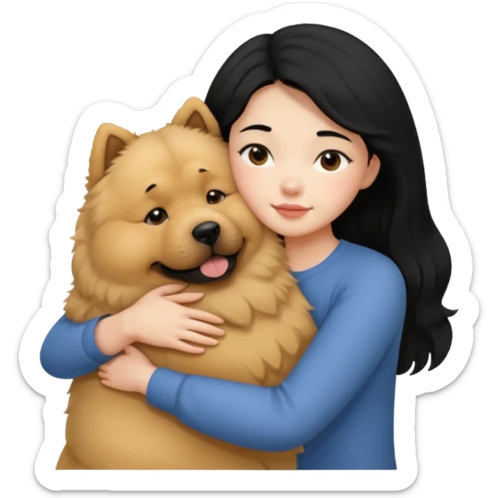 A girl with black hair hugging a beige fluffy chow chow dog sticker