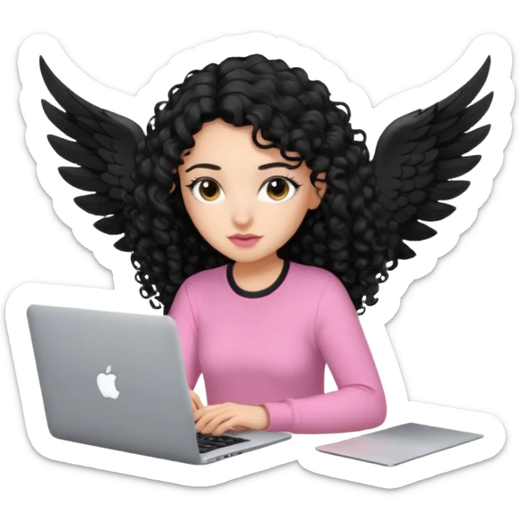 a girl typing mac book air with long black curly hair and brown eyes with winged black eyeliner, pink shirt sticker