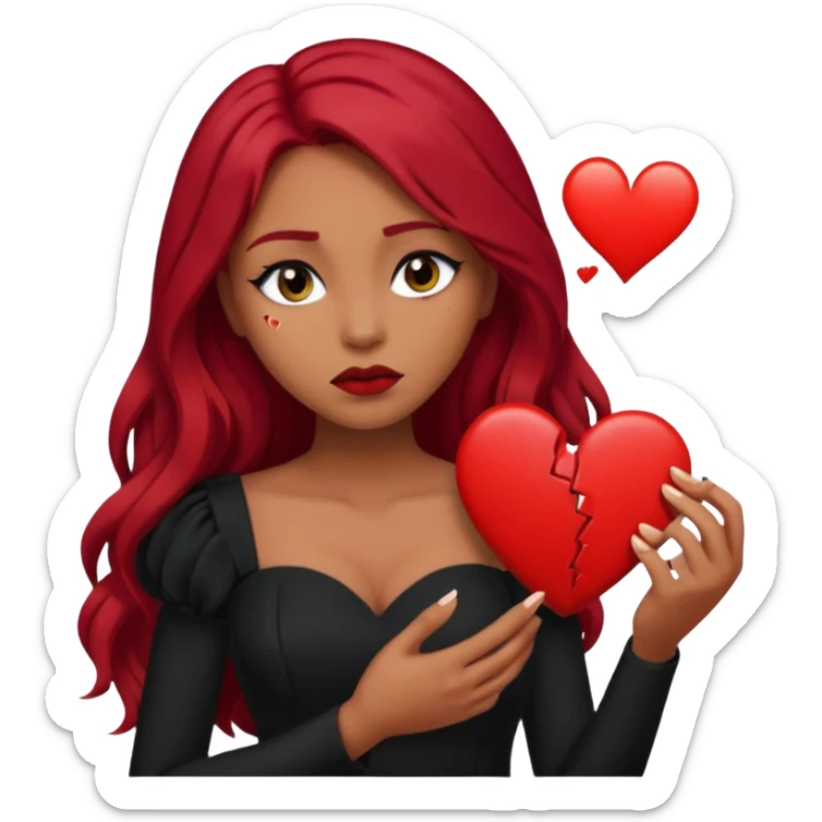  woman with long red hair and dark make up and olive skin holding a broken heart in black dress sticker