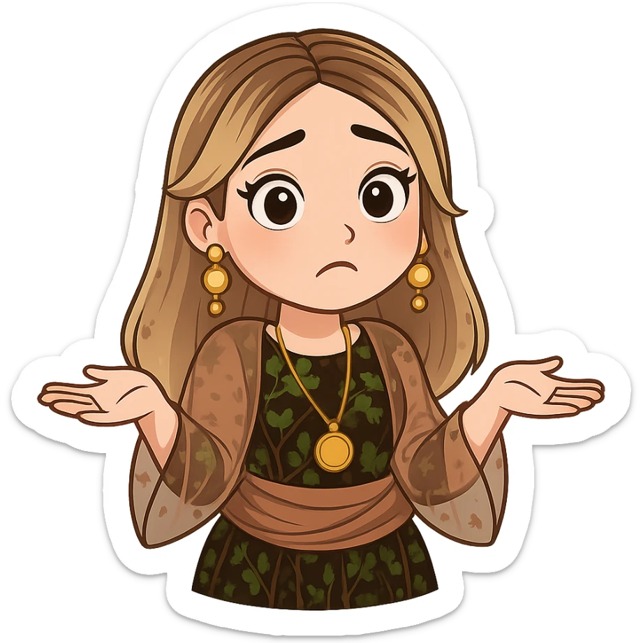 Kurdish cartoon sticker of the same woman in the new dress, shrugging shoulders with palms up, confused or 'I don't know' expression, no text, transparent background, chibi stickers style. sticker