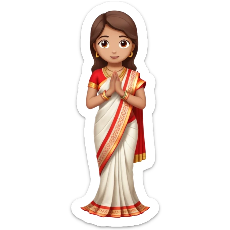 Full body Bengali girl wearing traditional red and white saree with hands joined in prayer position sticker
