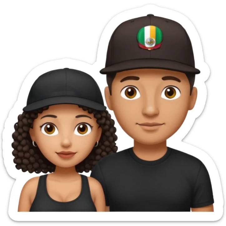 A picture of a cute tanned couple. the man is Mexican, with a bald hair cut wearing a SnapBack hat and a black shirt. the woman is mixed, she has curly longer dark brown hair,  no hat, and with big boobs  sticker