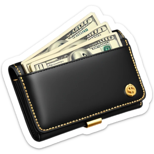 Rich emoji style black leather wallet with dollar bills, luxury money vibe, premium 3D emoji, ultra clean, high detail, no background sticker