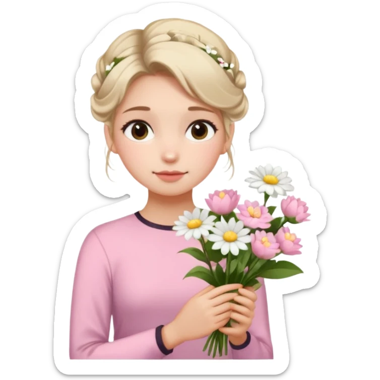 emojis.com a-girl--sitting--near-various-bouquets-of-flowers-,-white-and-pink-flowers-.-she-is-holding-a-single-white-flower-up-to-her-face,-her-hairstyle-is-slightly-messy-updo,-with-a-few-soft-strands-f (1) sticker