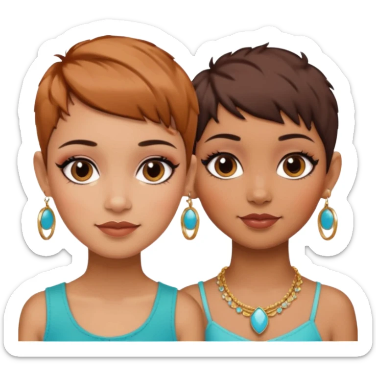 Puerto Rican fair skin straight brown pixie cut hair with hoop earrings make up and my best friend caramel colored pixie cut with jewelry and makeup on her face besties side-by-side sticker