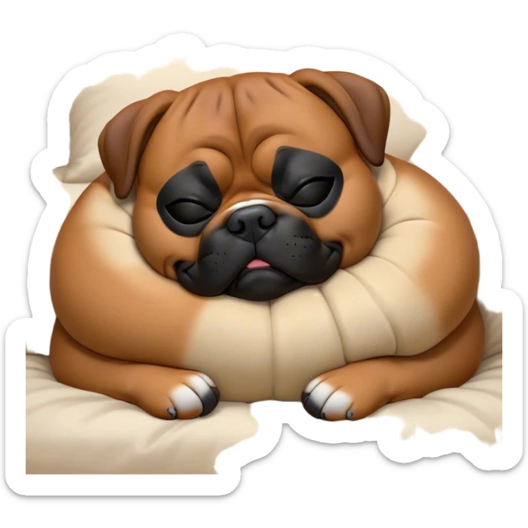 Cinematic Meme-Worthy Chubby Sleeping Boxer dog Portrait Emoji, Head resting peacefully with a contented smile, showcasing a delightfully chubby build and a luxuriously soft fawn coat with a striking black mask, eyes shut in a serene nap, Simplified yet hilariously adorable features, highly detailed, glowing with a soft, drowsy light, high shine, relaxed and utterly lovable, stylized with an air of playful laziness, bright and heartwarming, soft glowing outline, capturing the essence of a comically sleepy Boxer, so meme-worthy it feels like it could instantly become the next viral sensation of adorable slumber! sticker