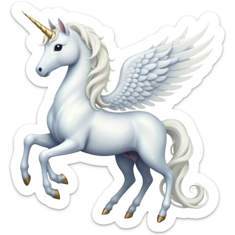 All white Cinematic Noble Unicorn with wings, slender with a flowing mane and tail and spiraled horn sticker