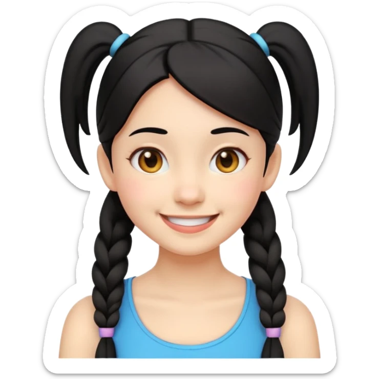 cheerful emoji-style girl with black hair in two low pigtails near the neck, round eyes, big smile, head and upper shoulders, clean lines, minimal white background, vibrant and simple sticker