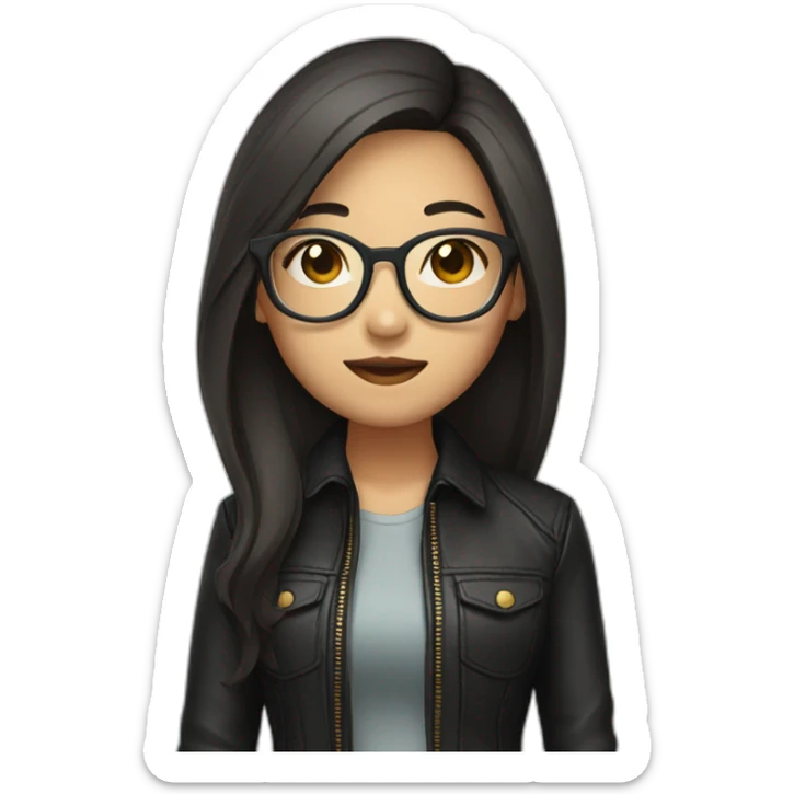 asian girl with glasses and a leather jacket with a shirt and long dark hair sticker