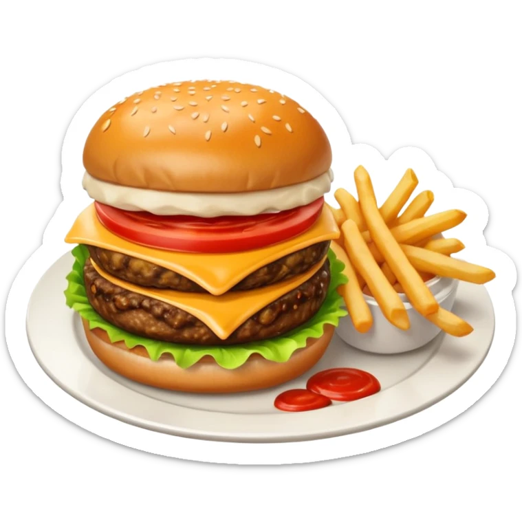 i want a Cheeseburger and Fries with a angle to 15–20° gentle bird’s-eye angle with 2white and red Sause on white plate  sticker