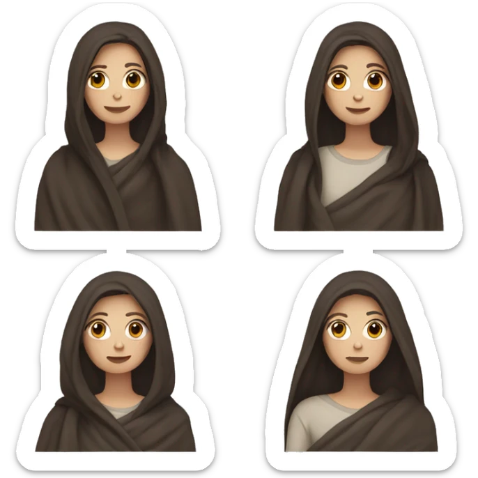 white girl with dark brown long hair wrapped in a blanket sticker