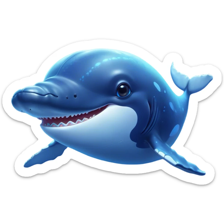 Cinematic Cute Humpback Whale Portrait Emoji, Head tilted playfully and inquisitively, featuring a softly rounded body with bright, sparkling eyes and an adorably expressive mouth, Simplified yet irresistibly adorable features, highly detailed, glowing with a warm, ocean-blue glow, high shine, affectionate and gentle, stylized with a touch of whimsical aquatic charm, soft glowing outline, capturing the essence of a friendly and endearing whale that seems as if it could sing its way into your heart! sticker