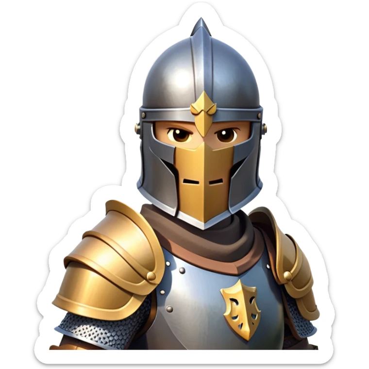 clash-of-clans-aesthetic_-cinematic-fearsome-and-majestic-knight-bust-portrait-emoji, rendered in a flat, vector-style with minimal shading and bold, simplified shapes, depicting a battle-ready medieval knight with steely eyes and intricate armor, mounted on a warhorse reflecting sunlight over a misty battlefield. sticker